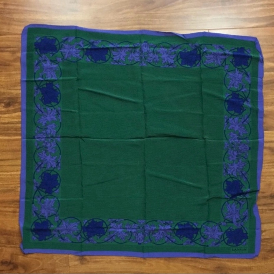 Vintage Women's Lanvin Paris Blue Green Floral 100% Silk Square Scarf Luxury